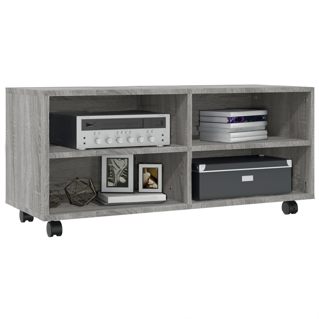 vidaXL Comodă TV cu roți, gri sonoma, 90x35x35 cm, lemn prelucrat vidaXL Comodă TV cu roți, gri sonoma, 90x35x35 cm, lemn prelucrat