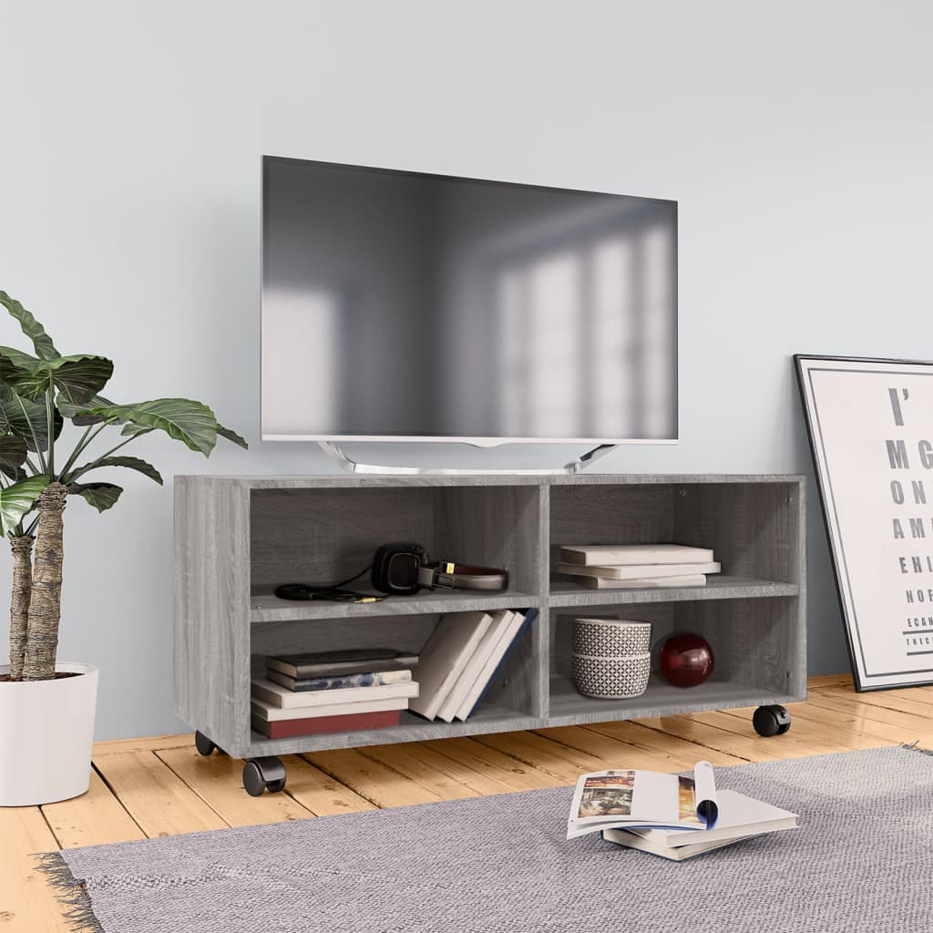 vidaXL Comodă TV cu roți, gri sonoma, 90x35x35 cm, lemn prelucrat vidaXL Comodă TV cu roți, gri sonoma, 90x35x35 cm, lemn prelucrat