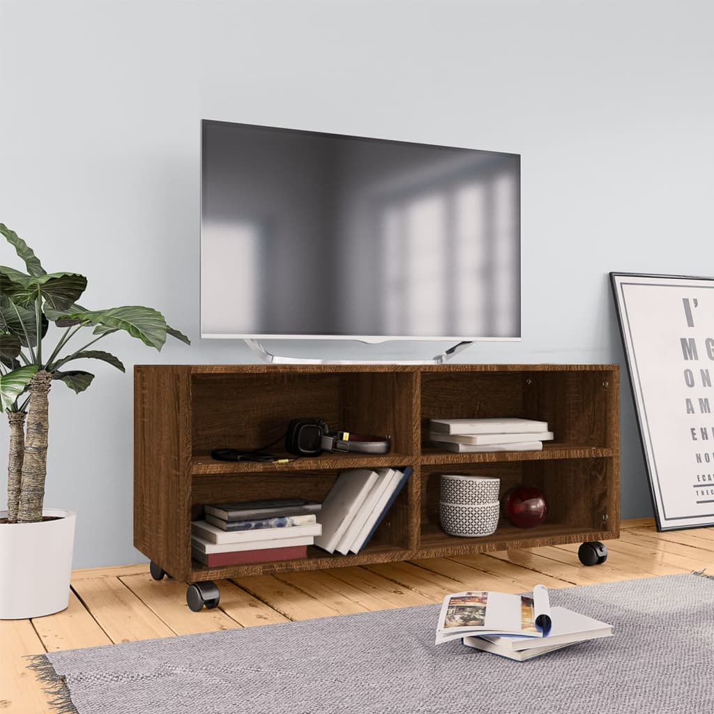 vidaXL Comodă TV cu roți, stejar maro, 90x35x35 cm, lemn prelucrat vidaXL Comodă TV cu roți, stejar maro, 90x35x35 cm, lemn prelucrat