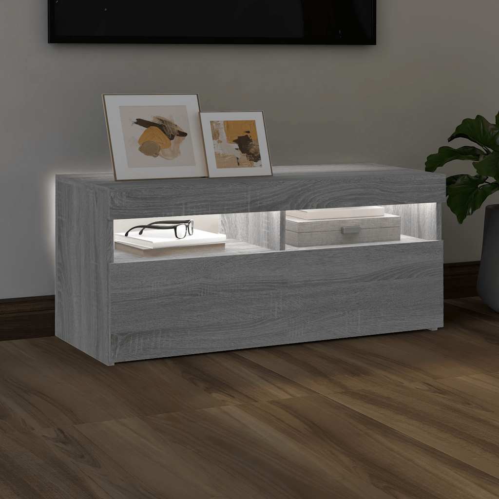vidaXL Comodă TV cu lumini LED, gri sonoma, 90x35x40 cm vidaXL Comodă TV cu lumini LED, gri sonoma, 90x35x40 cm