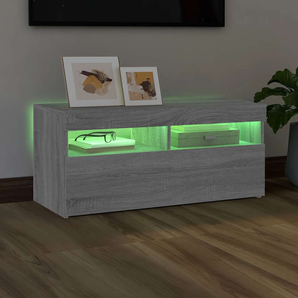 vidaXL Comodă TV cu lumini LED, gri sonoma, 90x35x40 cm vidaXL Comodă TV cu lumini LED, gri sonoma, 90x35x40 cm