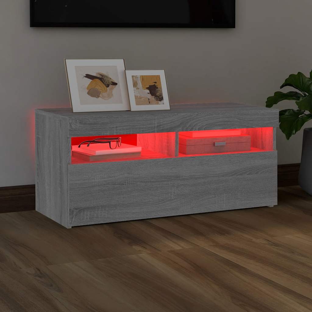 vidaXL Comodă TV cu lumini LED, gri sonoma, 90x35x40 cm vidaXL Comodă TV cu lumini LED, gri sonoma, 90x35x40 cm