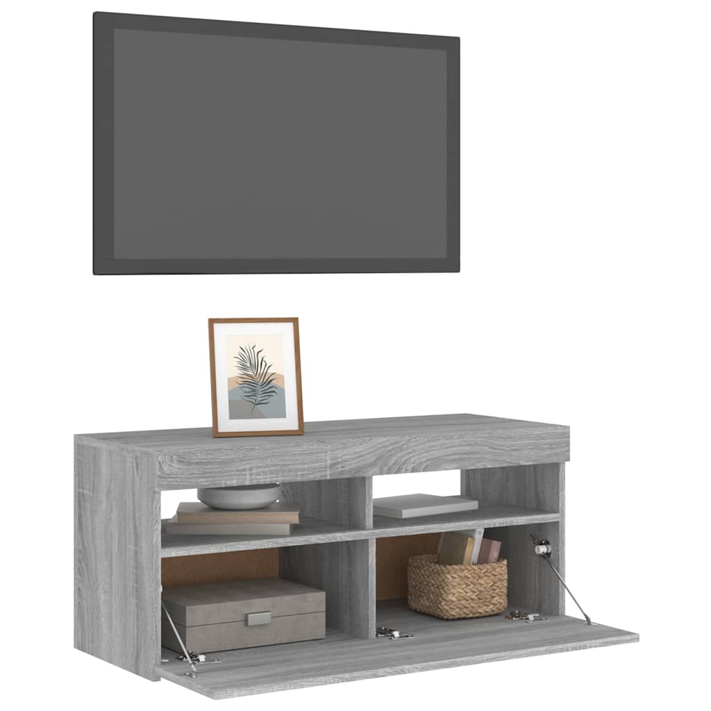 vidaXL Comodă TV cu lumini LED, gri sonoma, 90x35x40 cm vidaXL Comodă TV cu lumini LED, gri sonoma, 90x35x40 cm