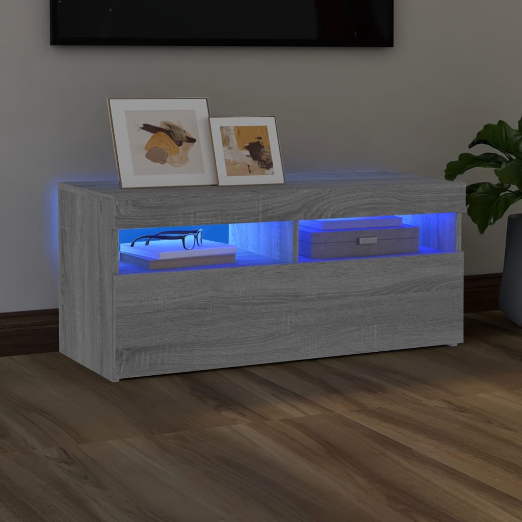 vidaXL Comodă TV cu lumini LED, gri sonoma, 90x35x40 cm vidaXL Comodă TV cu lumini LED, gri sonoma, 90x35x40 cm