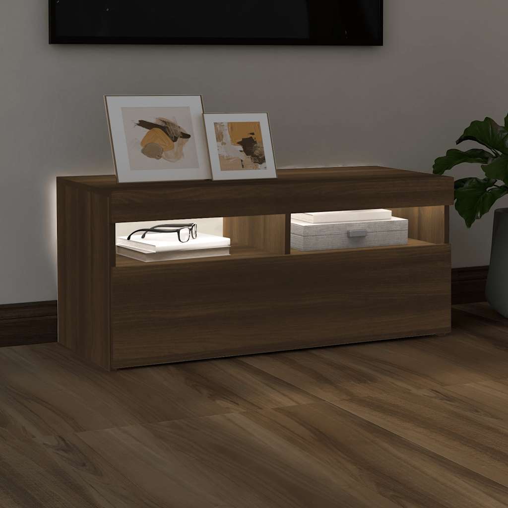 vidaXL Comodă TV cu lumini LED, stejar maro, 90x35x40 cm vidaXL Comodă TV cu lumini LED, stejar maro, 90x35x40 cm