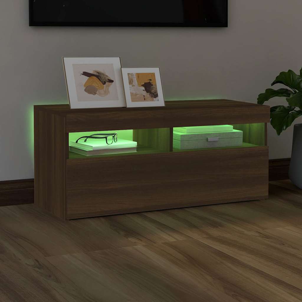 vidaXL Comodă TV cu lumini LED, stejar maro, 90x35x40 cm vidaXL Comodă TV cu lumini LED, stejar maro, 90x35x40 cm