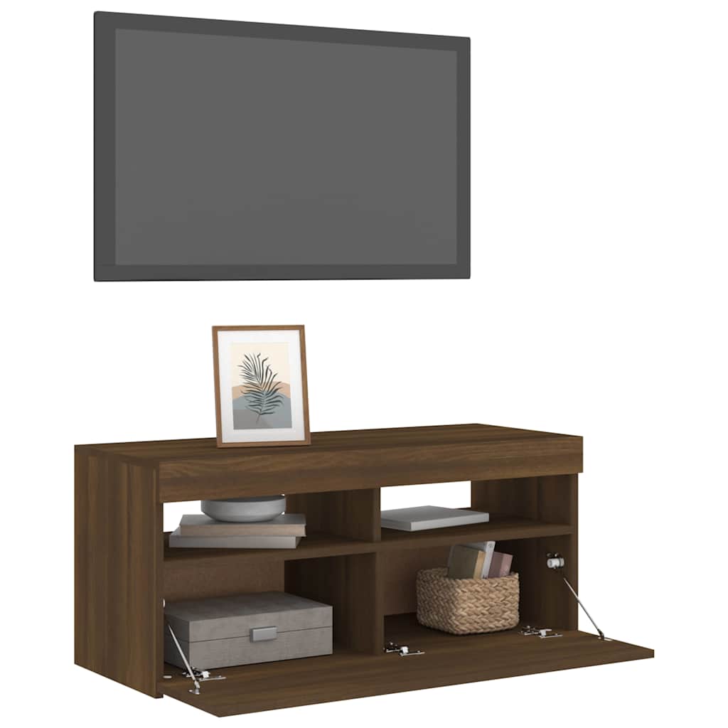 vidaXL Comodă TV cu lumini LED, stejar maro, 90x35x40 cm vidaXL Comodă TV cu lumini LED, stejar maro, 90x35x40 cm