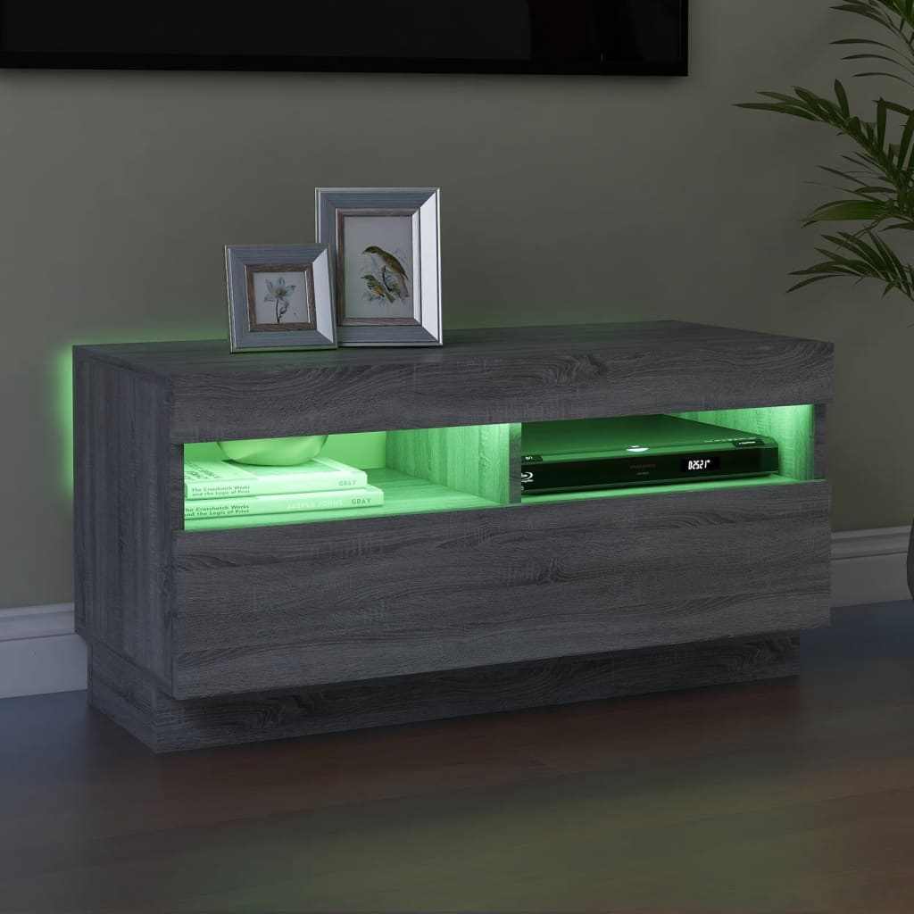 vidaXL Comodă TV cu lumini LED, gri sonoma, 80x35x40 cm vidaXL Comodă TV cu lumini LED, gri sonoma, 80x35x40 cm