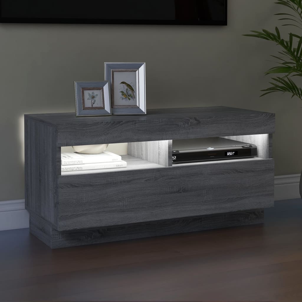 vidaXL Comodă TV cu lumini LED, gri sonoma, 80x35x40 cm vidaXL Comodă TV cu lumini LED, gri sonoma, 80x35x40 cm