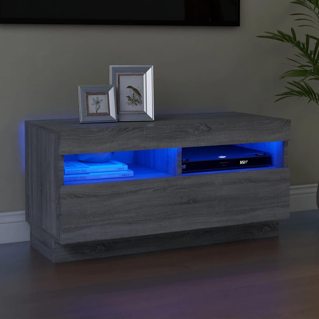 vidaXL Comodă TV cu lumini LED, gri sonoma, 80x35x40 cm vidaXL Comodă TV cu lumini LED, gri sonoma, 80x35x40 cm
