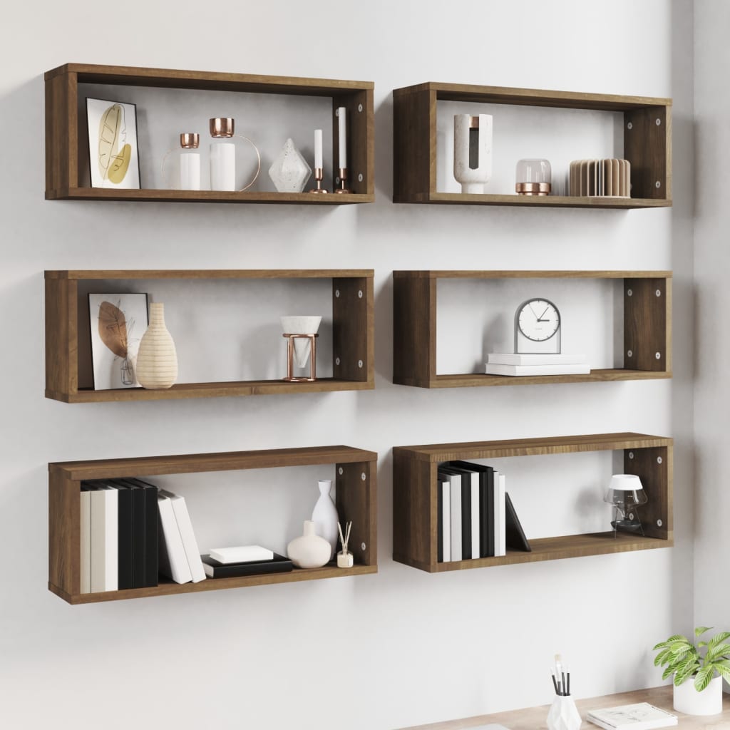 vidaXL Rafturi de perete cub, 6 buc., stejar maro, 60x15x23 cm, lemn