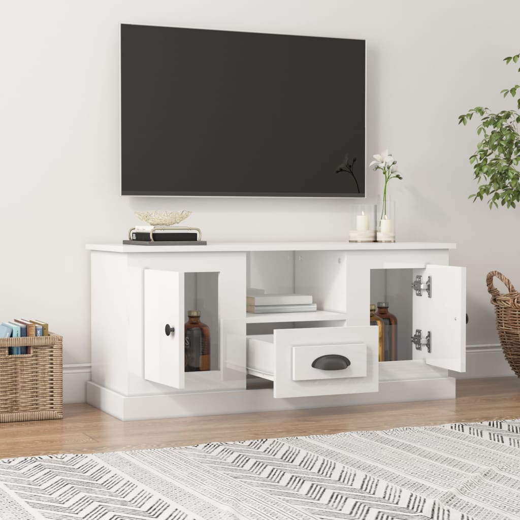 vidaXL Comodă TV, alb extralucios, 100x35,5x45 cm, lemn prelucrat