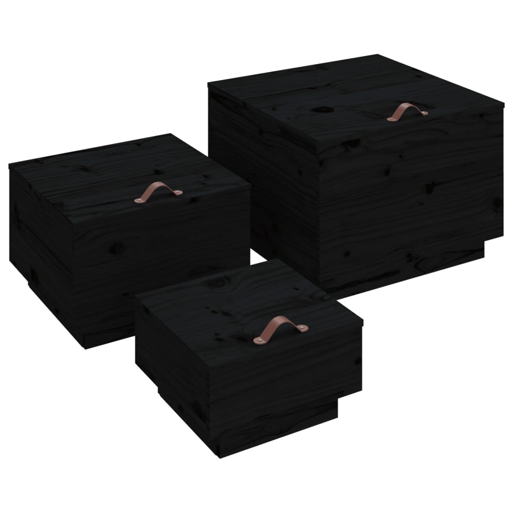 vidaXL Cutii de depozitare cu capace 3 buc. negru lemn masiv de pin vidaXL Cutii de depozitare cu capace 3 buc. negru lemn masiv de pin