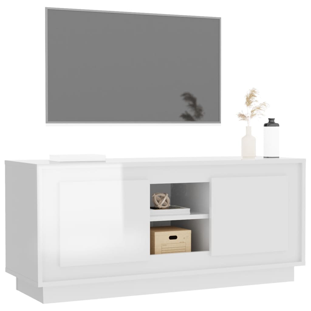 vidaXL Comodă TV, alb extralucios, 102x35x45 cm, lemn prelucrat