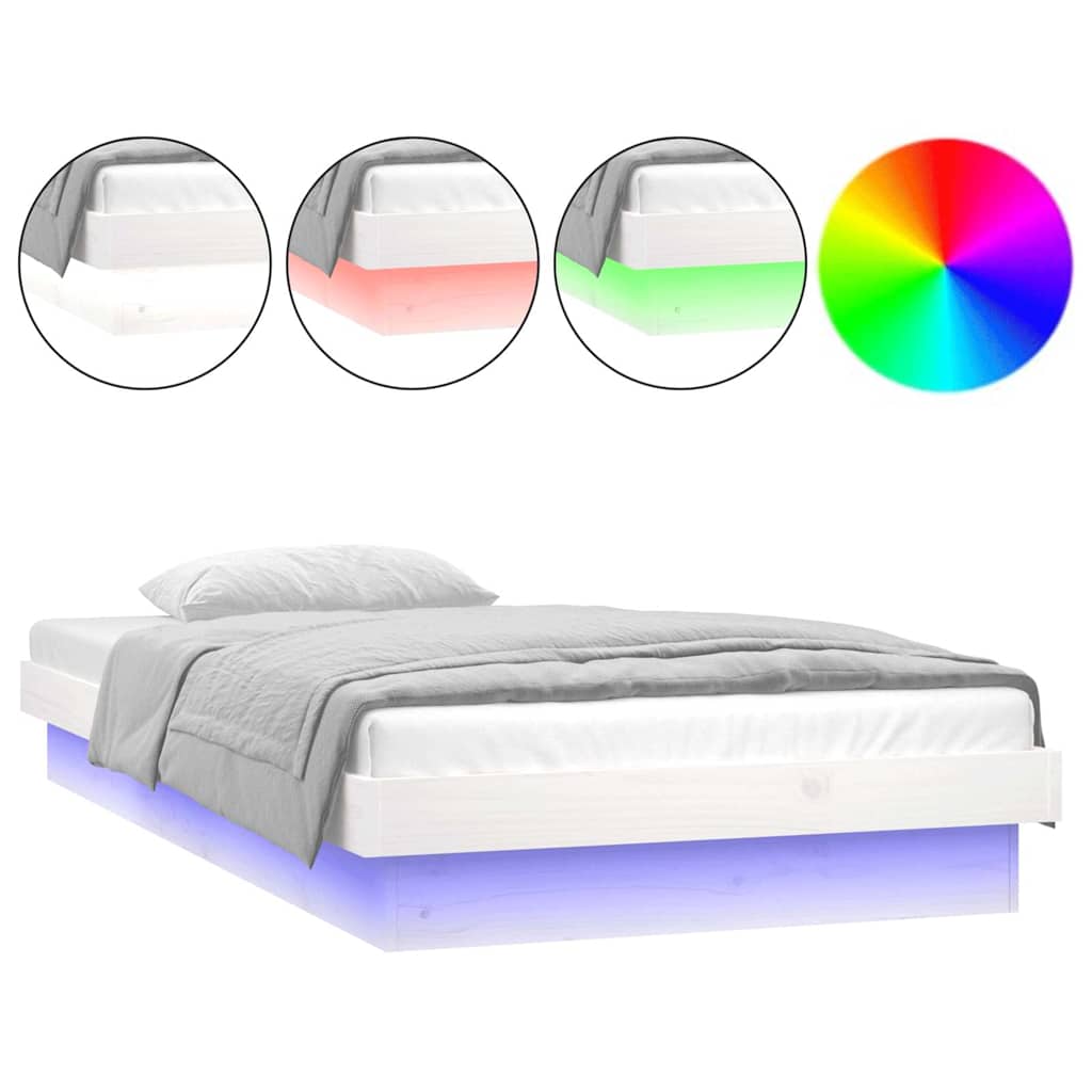 vidaXL Cadru de pat cu LED mic single, alb, 75x190 cm, lemn masiv