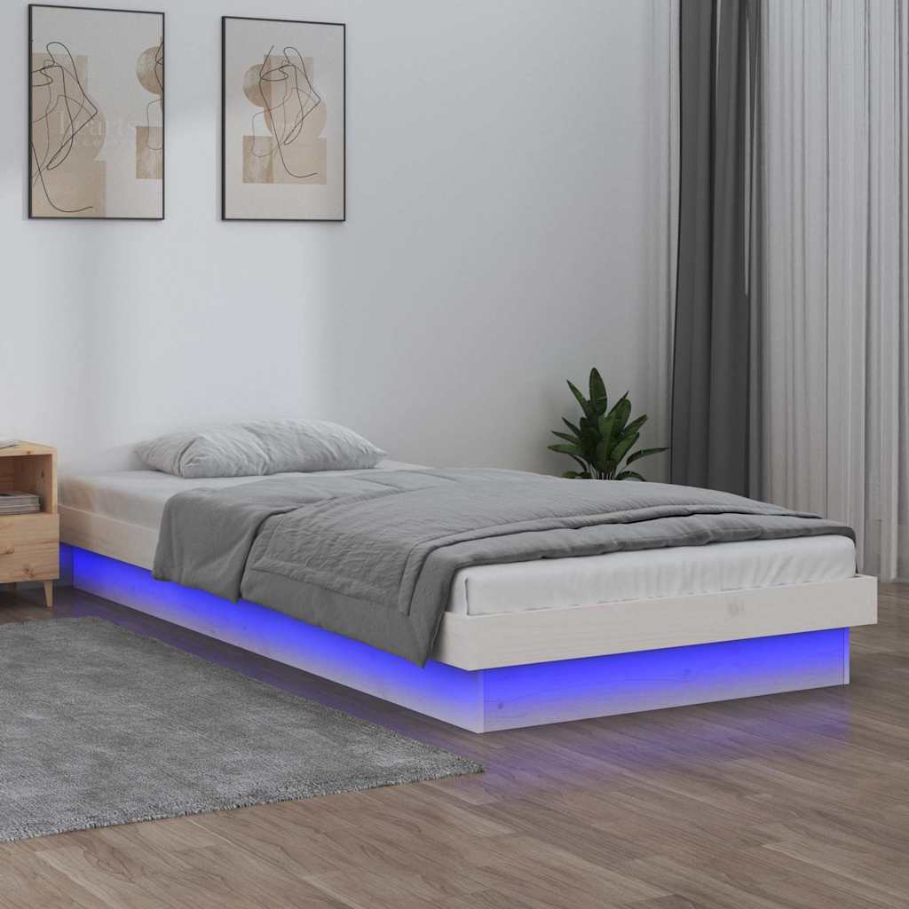 vidaXL Cadru de pat cu LED mic single, alb, 75x190 cm, lemn masiv