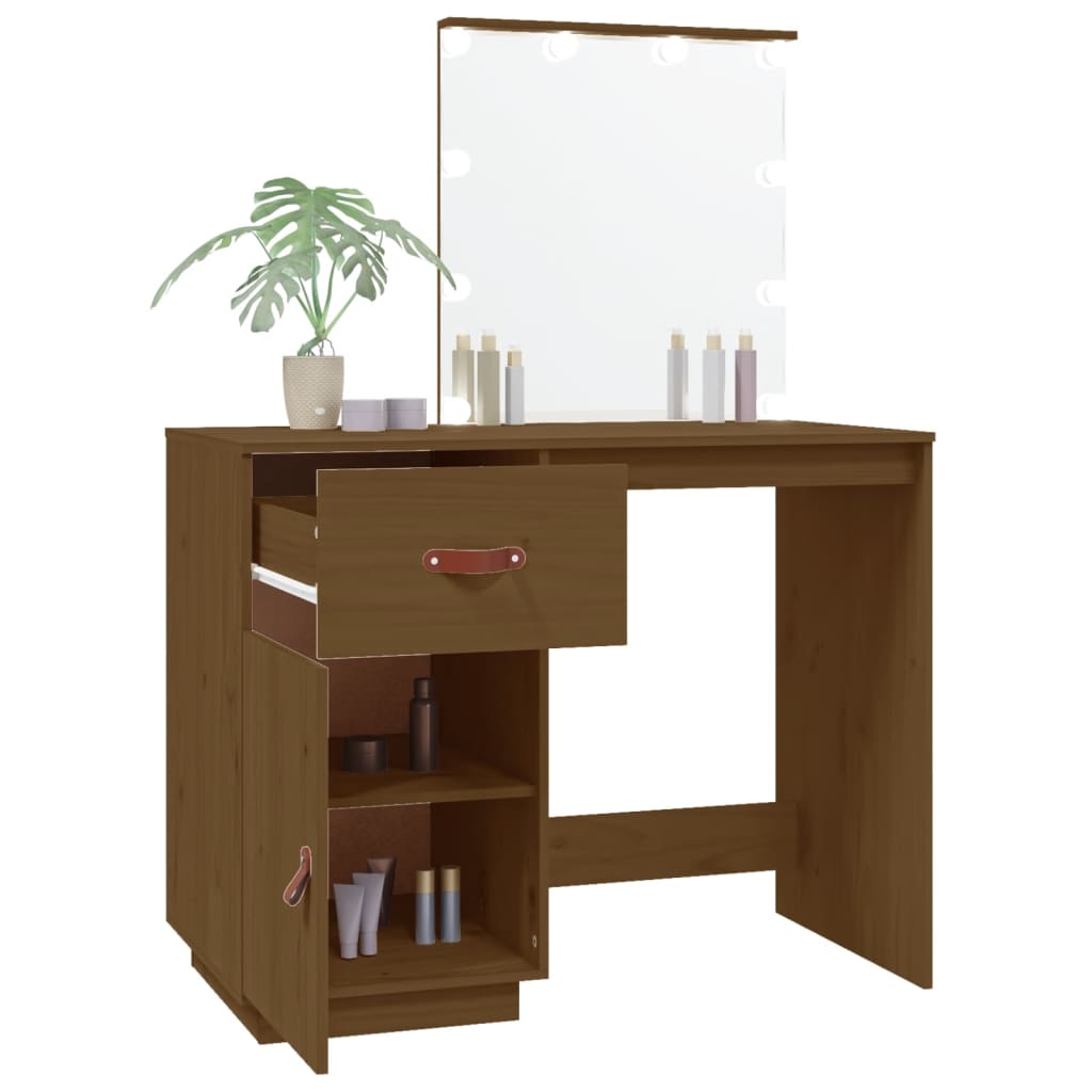 vidaXL Măsuță de toaletă LED maro miere, 95x50x133,5 cm lemn masiv pin vidaXL Măsuță de toaletă LED maro miere, 95x50x133,5 cm lemn masiv pin