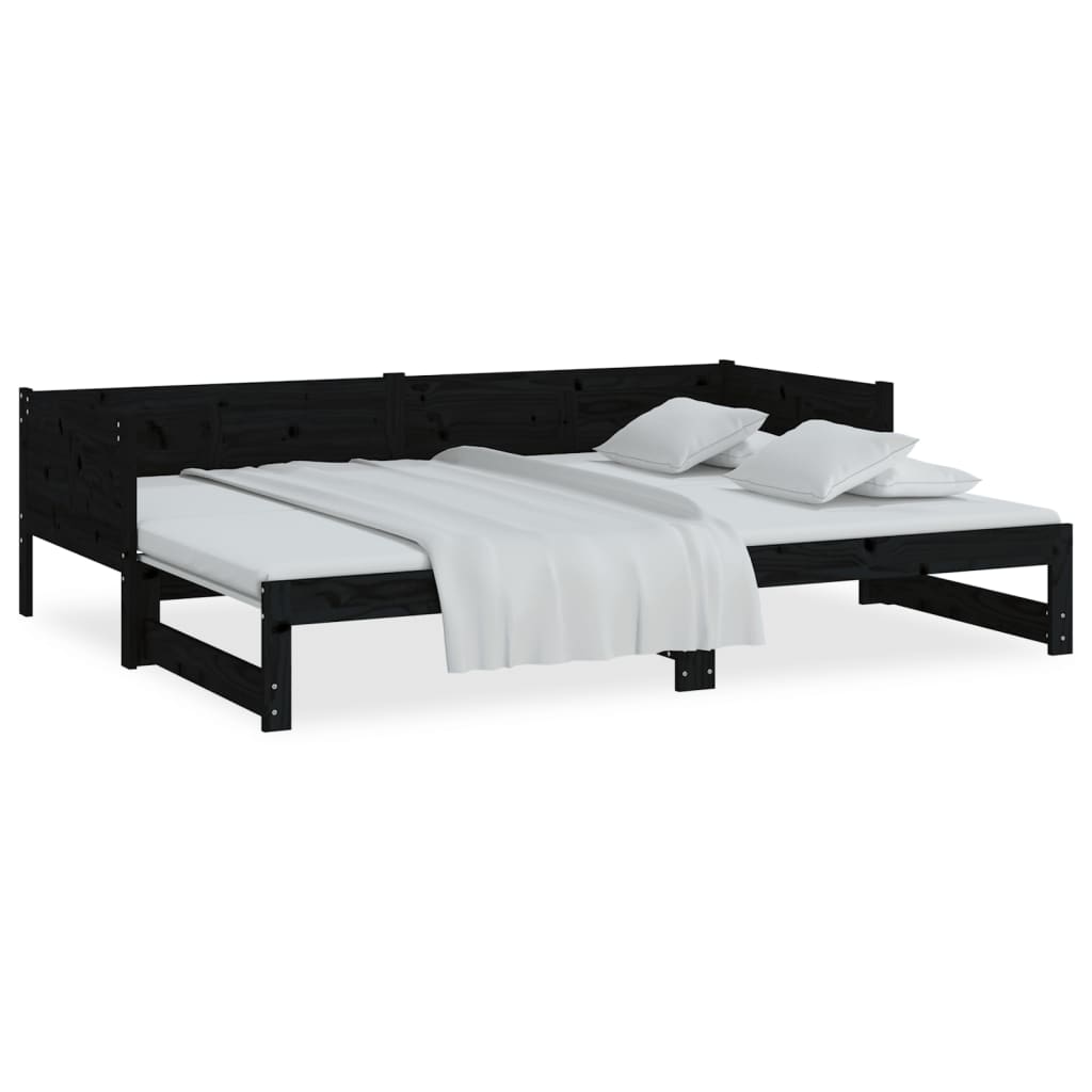 vidaXL Pat extensibil de zi, negru, 2x(80x200) cm, lemn masiv pin