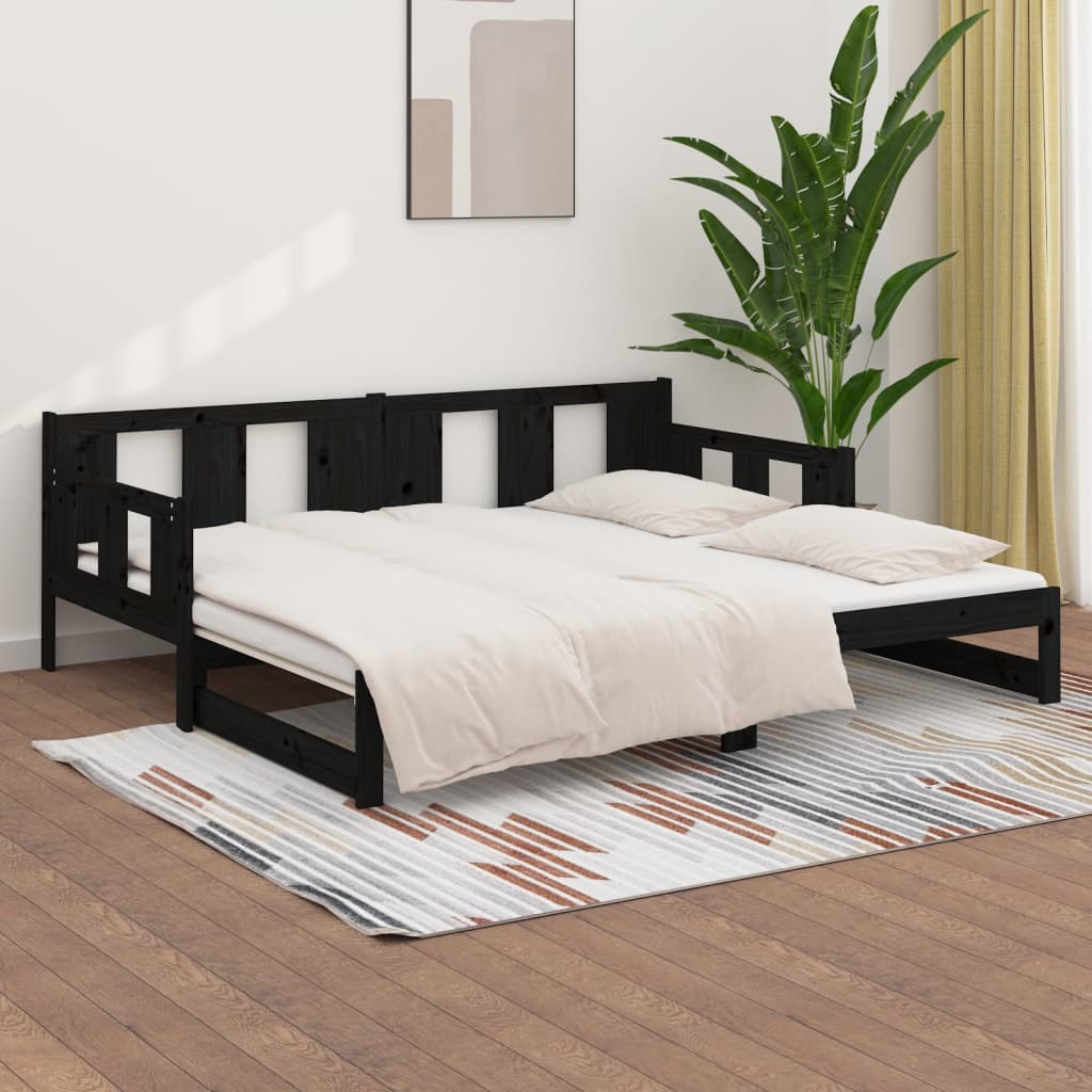 vidaXL Pat extensibil de zi, negru, 2x(80x200) cm, lemn masiv pin