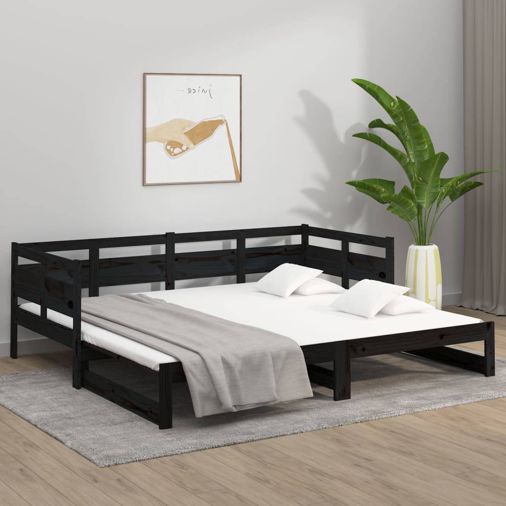 vidaXL Pat de zi extensibil, negru, 2x(90x190) cm, lemn masiv de pin