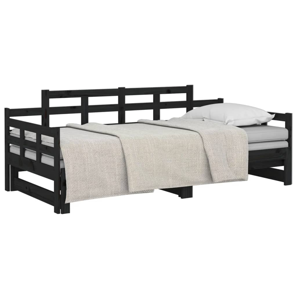 vidaXL Pat extensibil de zi, negru, 2x(90x200) cm, lemn masiv pin