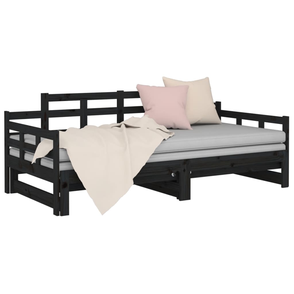 vidaXL Pat extensibil de zi, negru, 2x(90x200) cm, lemn masiv pin