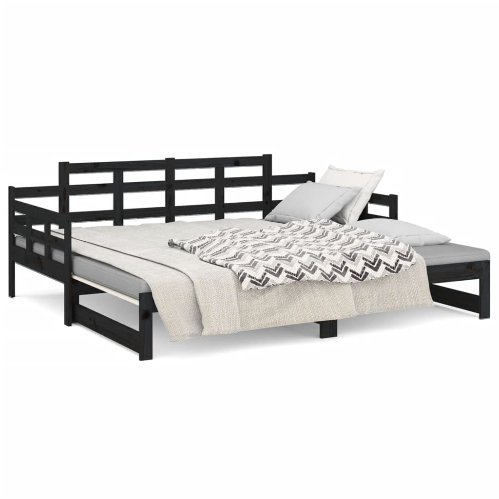 vidaXL Pat extensibil de zi, negru, 2x(90x200) cm, lemn masiv pin