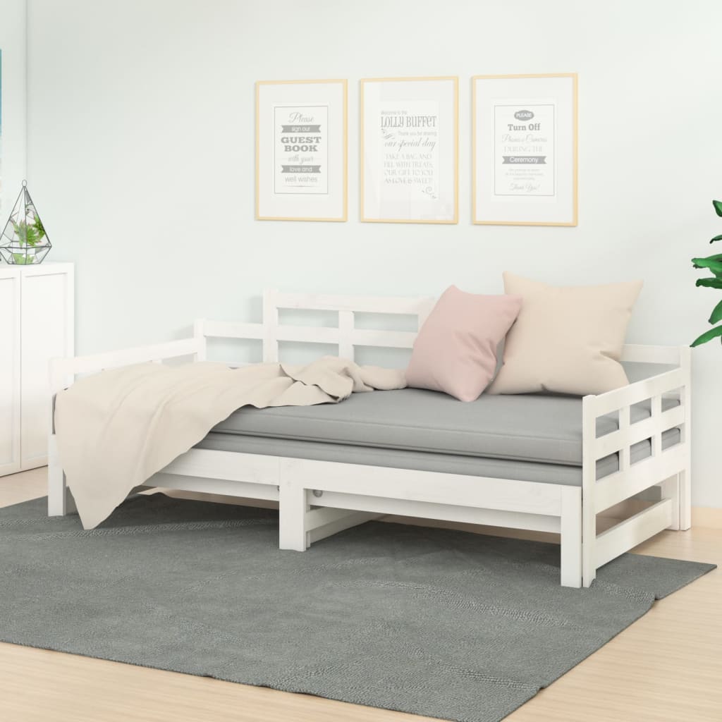 vidaXL Pat extensibil de zi, alb, 2x(90x190) cm, lemn masiv de pin vidaXL Pat extensibil de zi, alb, 2x(90x190) cm, lemn masiv de pin