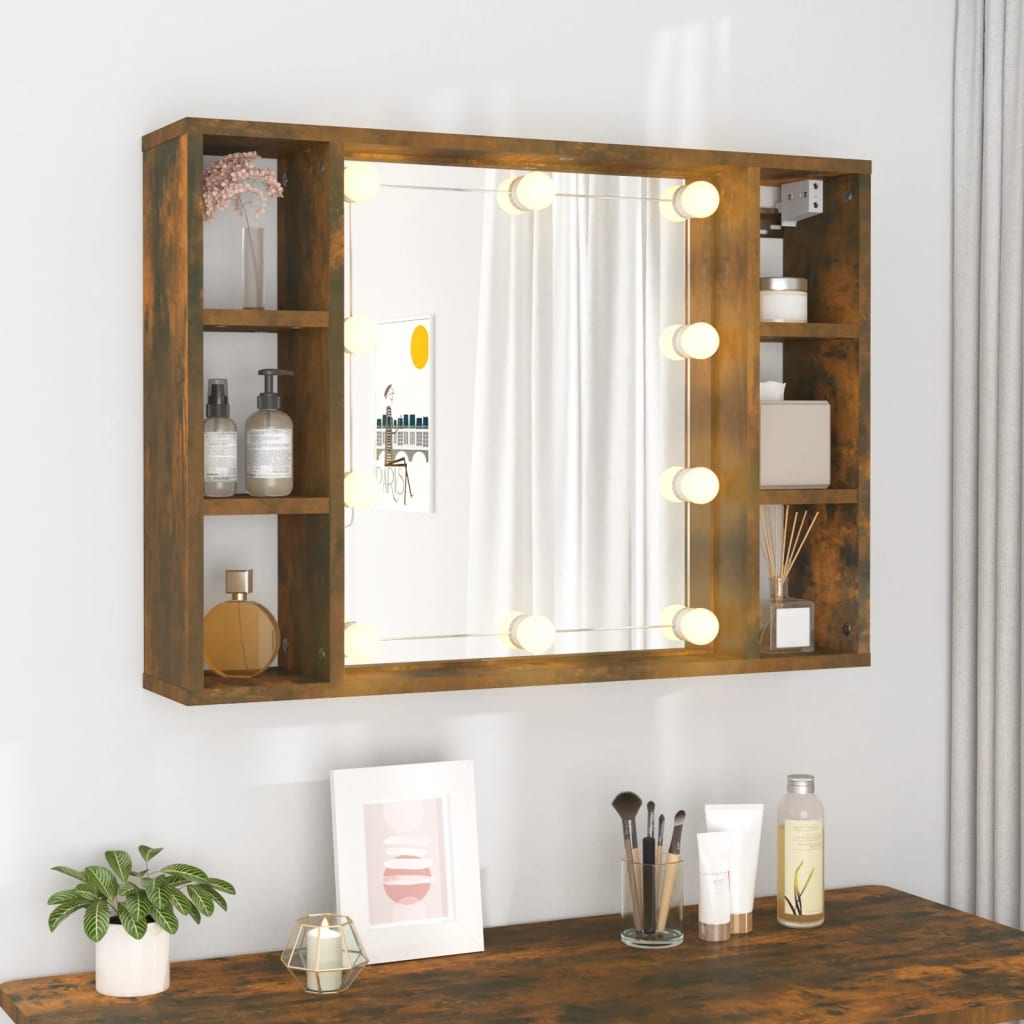 vidaXL Dulap cu oglindă și LED, stejar fumuriu, 76x15x55 cm vidaXL Dulap cu oglindă și LED, stejar fumuriu, 76x15x55 cm
