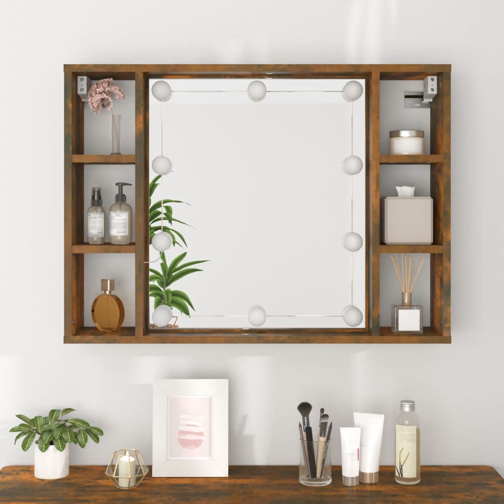 vidaXL Dulap cu oglindă și LED, stejar fumuriu, 76x15x55 cm vidaXL Dulap cu oglindă și LED, stejar fumuriu, 76x15x55 cm