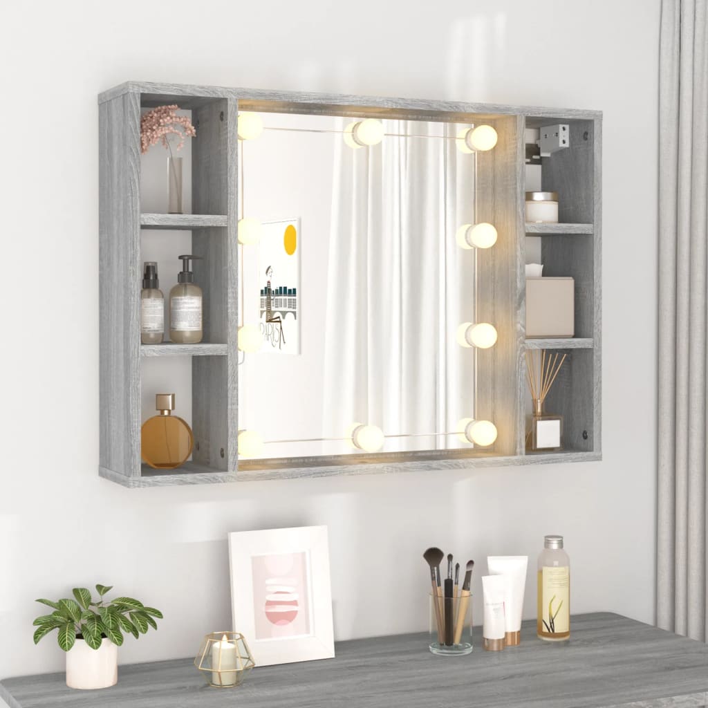 vidaXL Dulap cu oglindă și LED, gri sonoma, 76x15x55 cm vidaXL Dulap cu oglindă și LED, gri sonoma, 76x15x55 cm