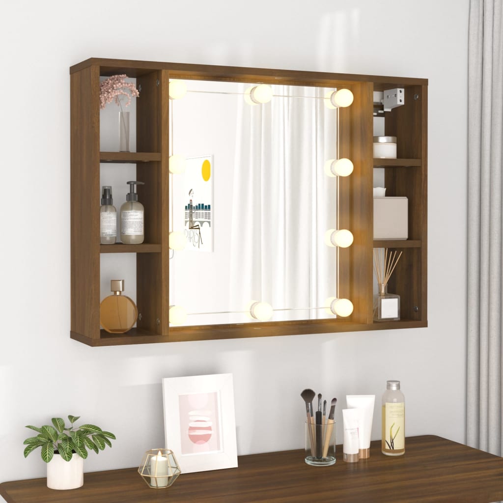 vidaXL Dulap cu oglindă și LED, stejar maro, 76x15x55 cm vidaXL Dulap cu oglindă și LED, stejar maro, 76x15x55 cm