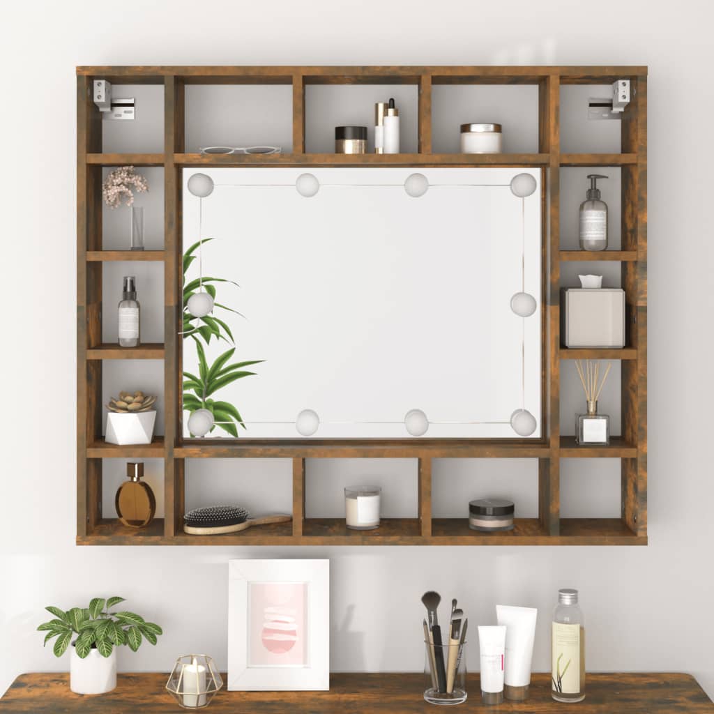 vidaXL Dulap cu oglindă și LED, stejar fumuriu, 91x15x76,5 cm vidaXL Dulap cu oglindă și LED, stejar fumuriu, 91x15x76,5 cm