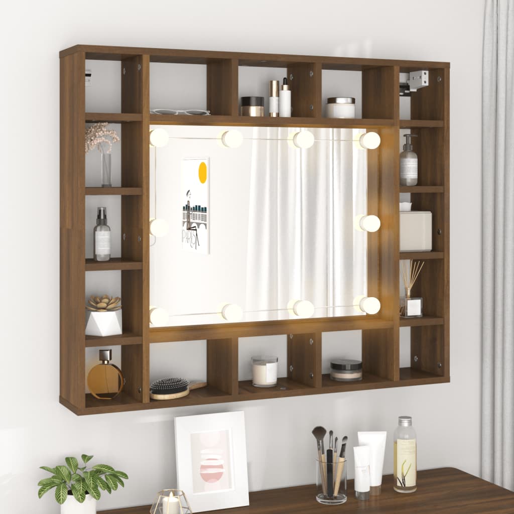 vidaXL Dulap cu oglindă și LED, stejar maro, 91x15x76,5 cm vidaXL Dulap cu oglindă și LED, stejar maro, 91x15x76,5 cm