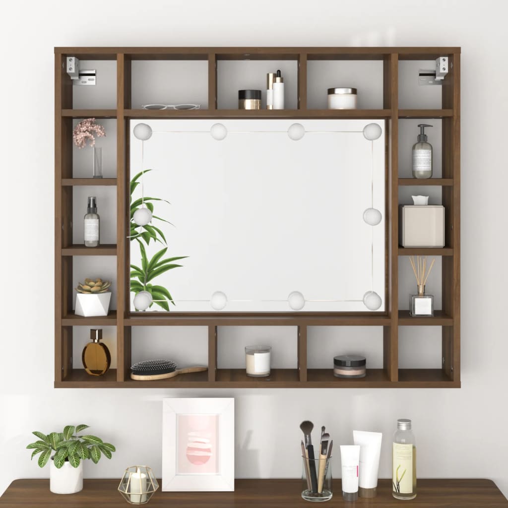 vidaXL Dulap cu oglindă și LED, stejar maro, 91x15x76,5 cm vidaXL Dulap cu oglindă și LED, stejar maro, 91x15x76,5 cm