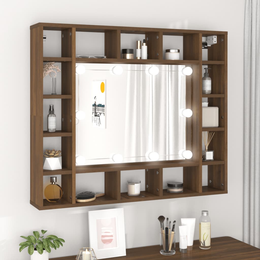 vidaXL Dulap cu oglindă și LED, stejar maro, 91x15x76,5 cm vidaXL Dulap cu oglindă și LED, stejar maro, 91x15x76,5 cm