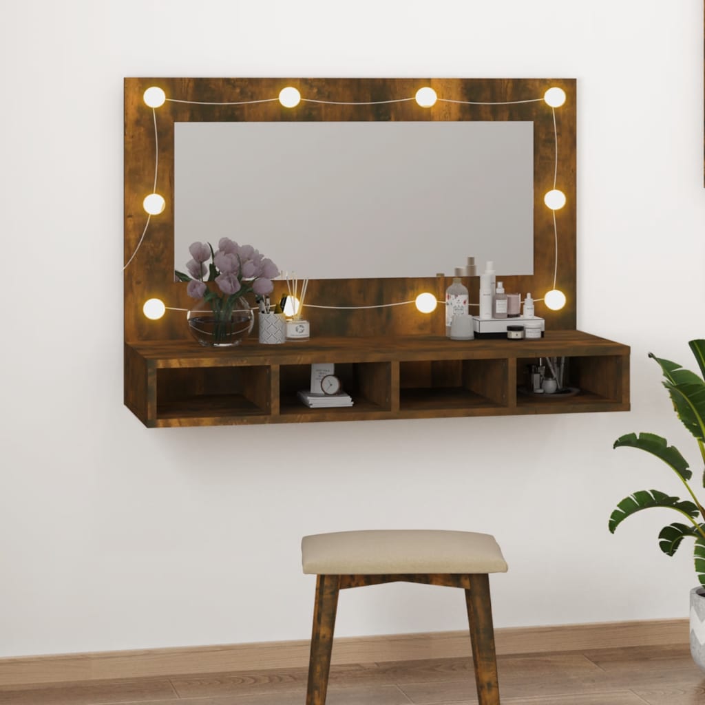 vidaXL Dulap cu oglindă și LED, stejar fumuriu, 90x31,5x62 cm vidaXL Dulap cu oglindă și LED, stejar fumuriu, 90x31,5x62 cm