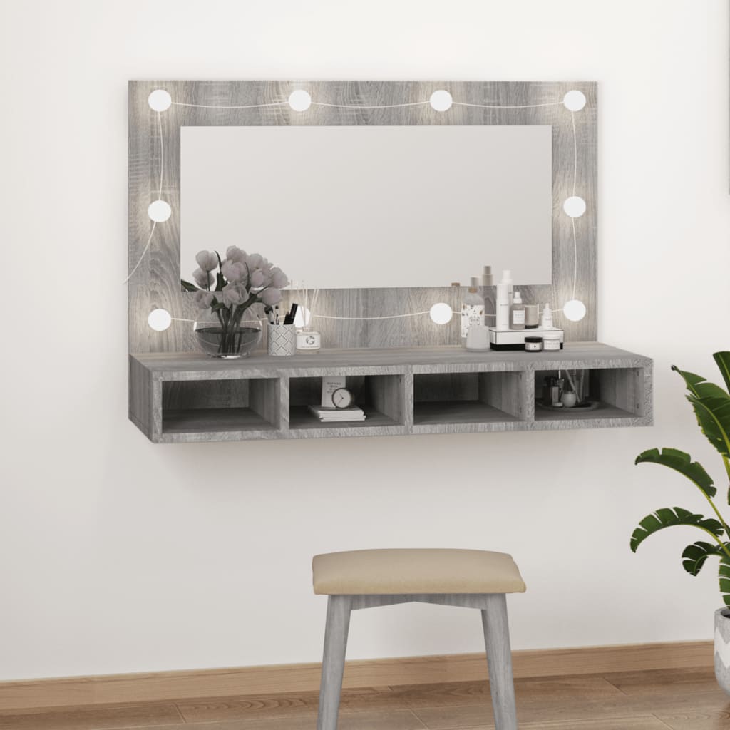 vidaXL Dulap cu oglindă și LED, gri sonoma, 90x31,5x62 cm vidaXL Dulap cu oglindă și LED, gri sonoma, 90x31,5x62 cm