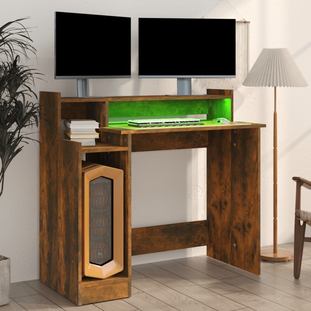 vidaXL Birou cu lumini LED, stejar fumuriu, 97x90x45 cm lemn prelucrat vidaXL Birou cu lumini LED, stejar fumuriu, 97x90x45 cm lemn prelucrat