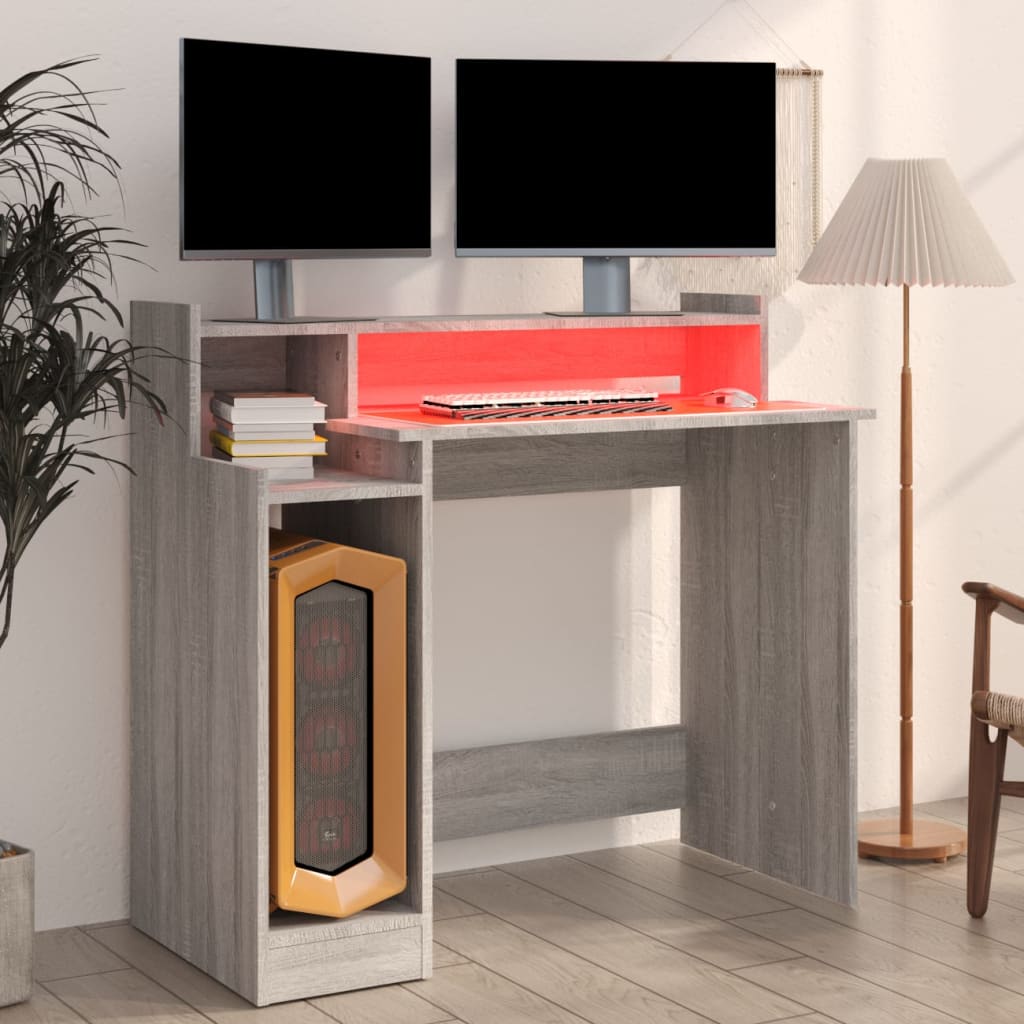 vidaXL Birou cu lumini LED, gri sonoma, 97x90x45 cm lemn prelucrat vidaXL Birou cu lumini LED, gri sonoma, 97x90x45 cm lemn prelucrat