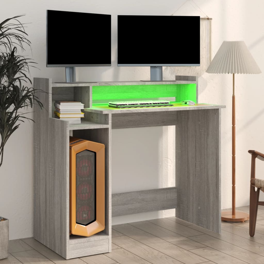 vidaXL Birou cu lumini LED, gri sonoma, 97x90x45 cm lemn prelucrat vidaXL Birou cu lumini LED, gri sonoma, 97x90x45 cm lemn prelucrat