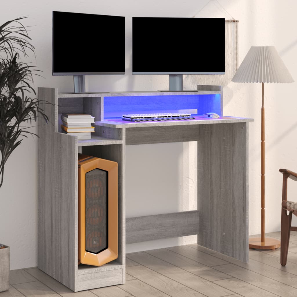 vidaXL Birou cu lumini LED, gri sonoma, 97x90x45 cm lemn prelucrat vidaXL Birou cu lumini LED, gri sonoma, 97x90x45 cm lemn prelucrat