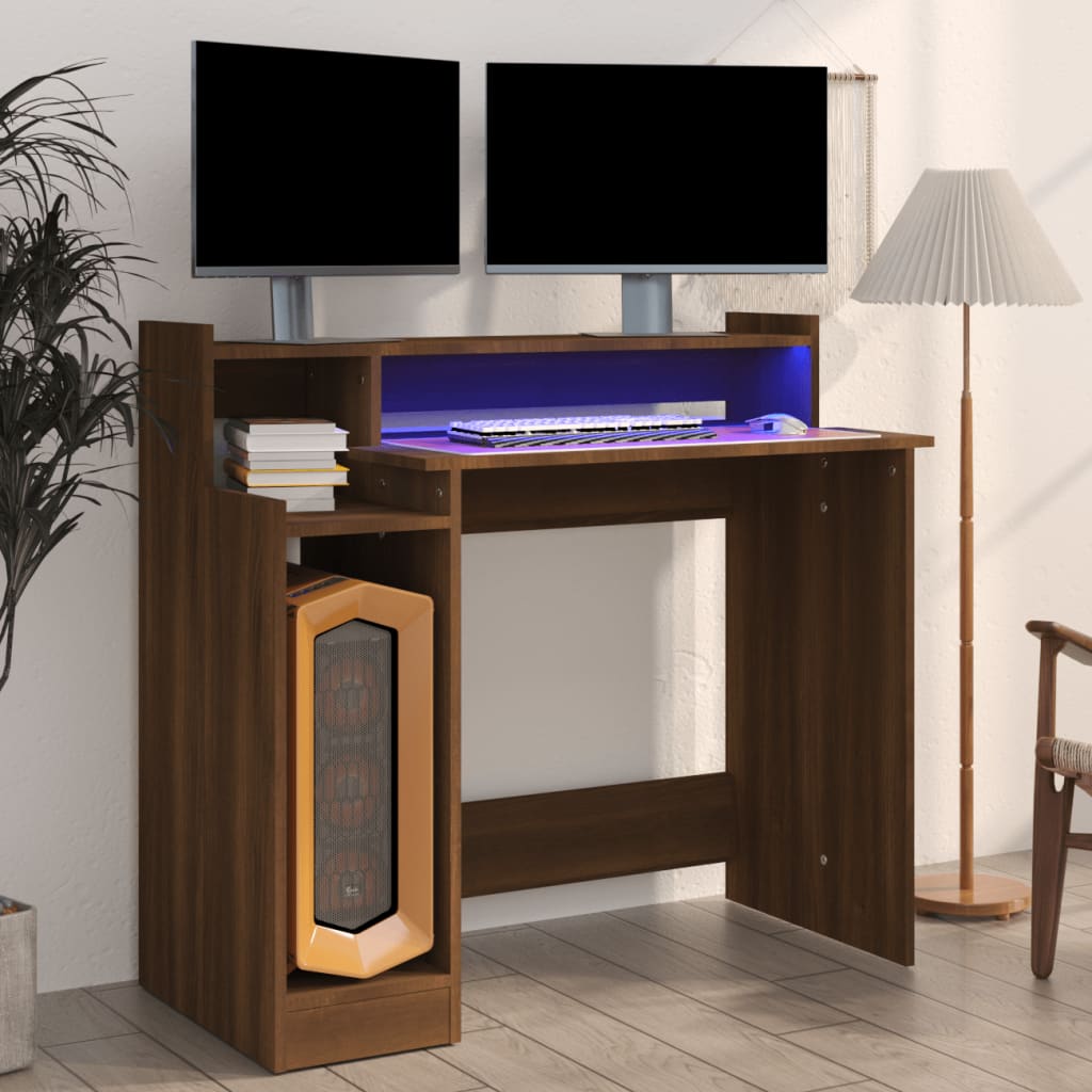 vidaXL Birou cu lumini LED, stejar maro, 97x45x90 cm, lemn prelucrat vidaXL Birou cu lumini LED, stejar maro, 97x45x90 cm, lemn prelucrat