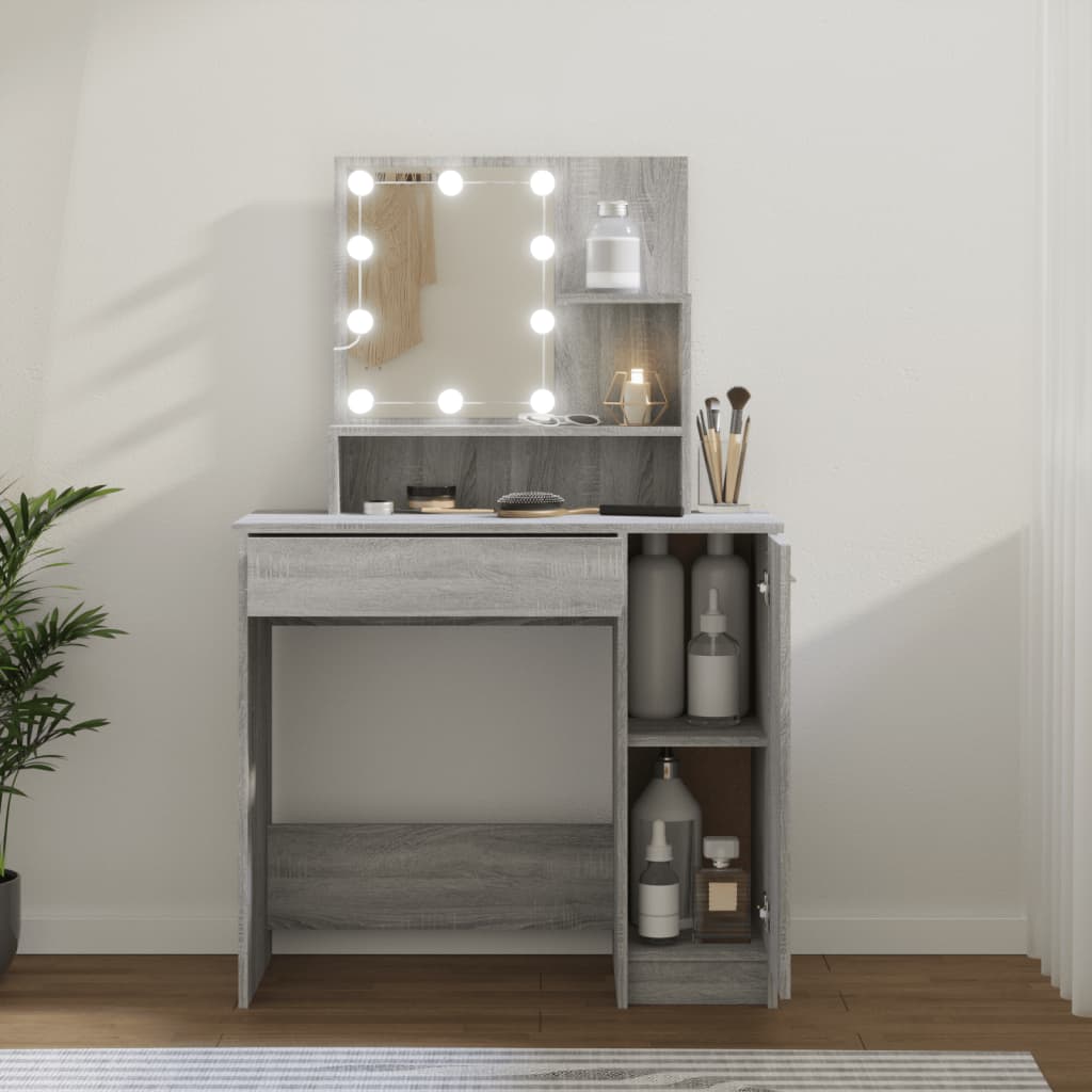 vidaXL Masă de toaletă cu LED, gri sonoma, 86,5x35x136 cm vidaXL Masă de toaletă cu LED, gri sonoma, 86,5x35x136 cm