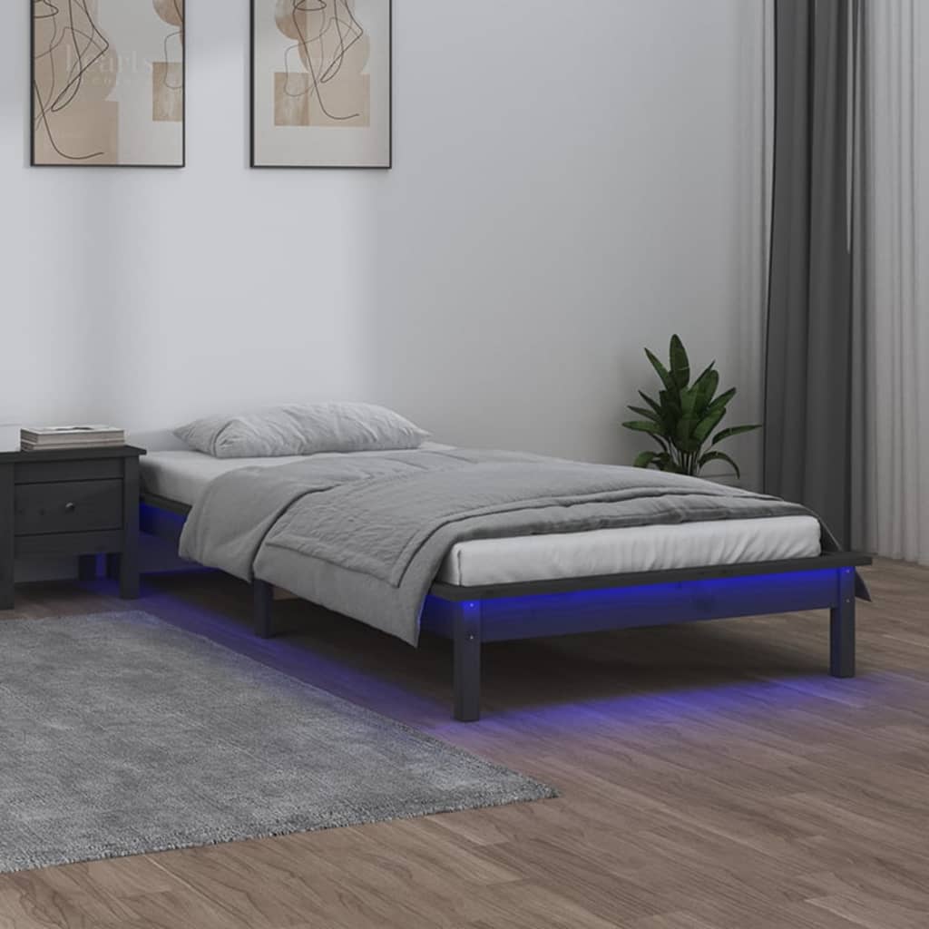 vidaXL Cadru de pat cu LED, gri, 100x200 cm, lemn masiv vidaXL Cadru de pat cu LED, gri, 100x200 cm, lemn masiv