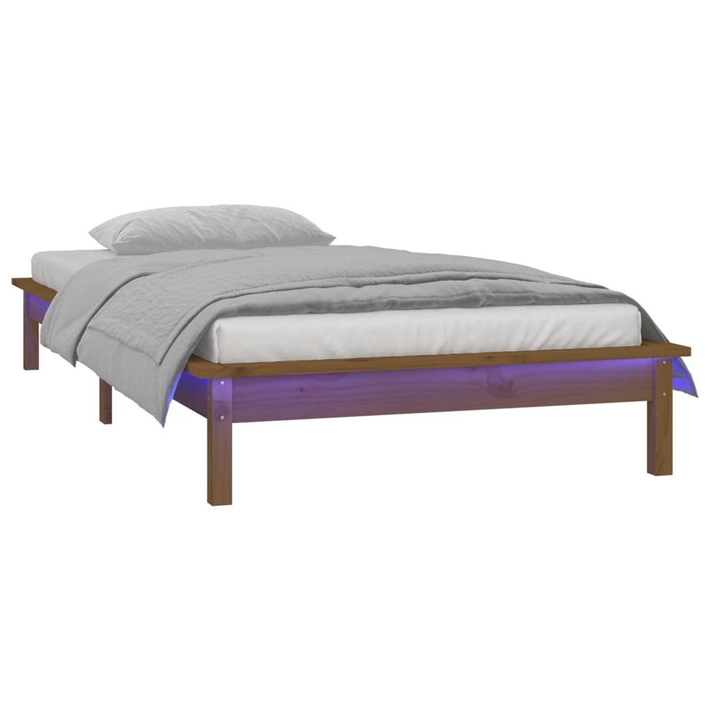 vidaXL Cadru de pat LED Single, maro miere, 90x190 cm, lemn masiv vidaXL Cadru de pat LED Single, maro miere, 90x190 cm, lemn masiv
