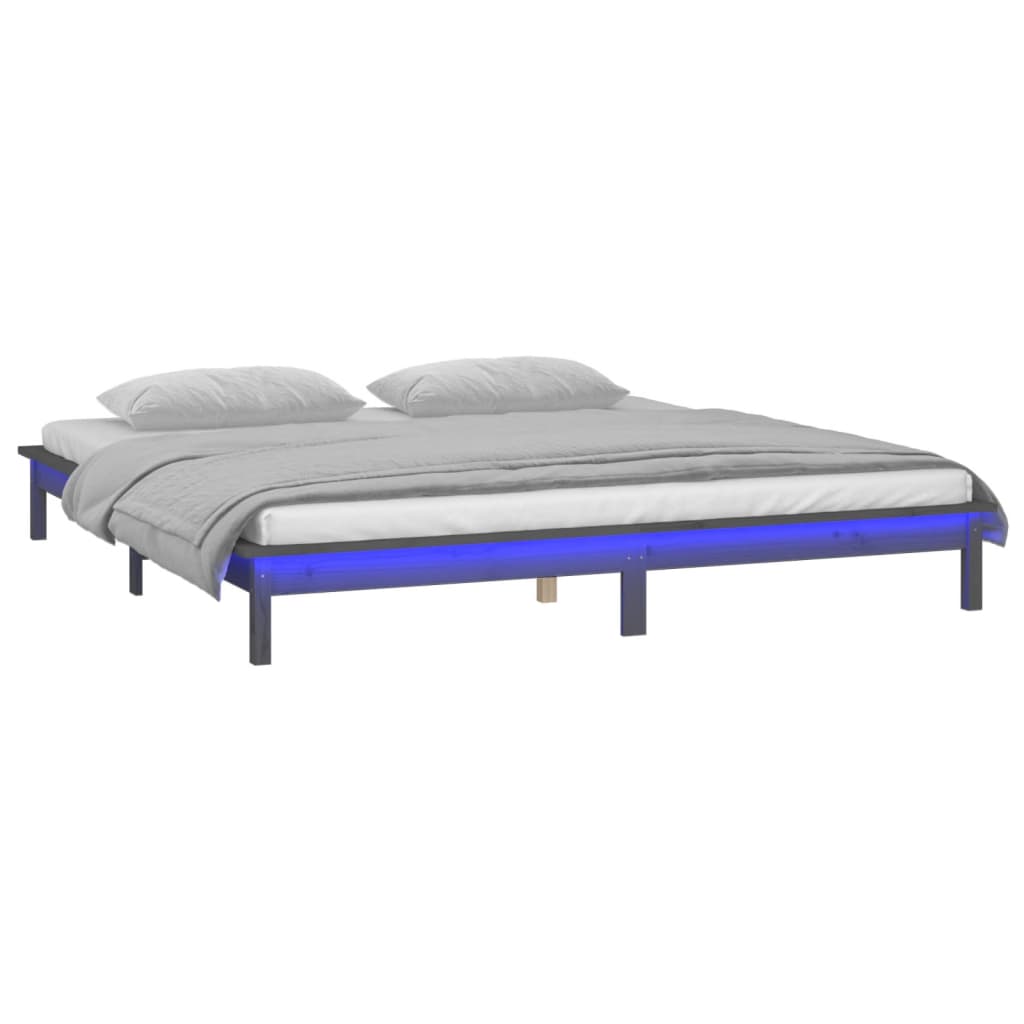vidaXL Cadru de pat cu LED, gri, 140x190 cm, lemn masiv