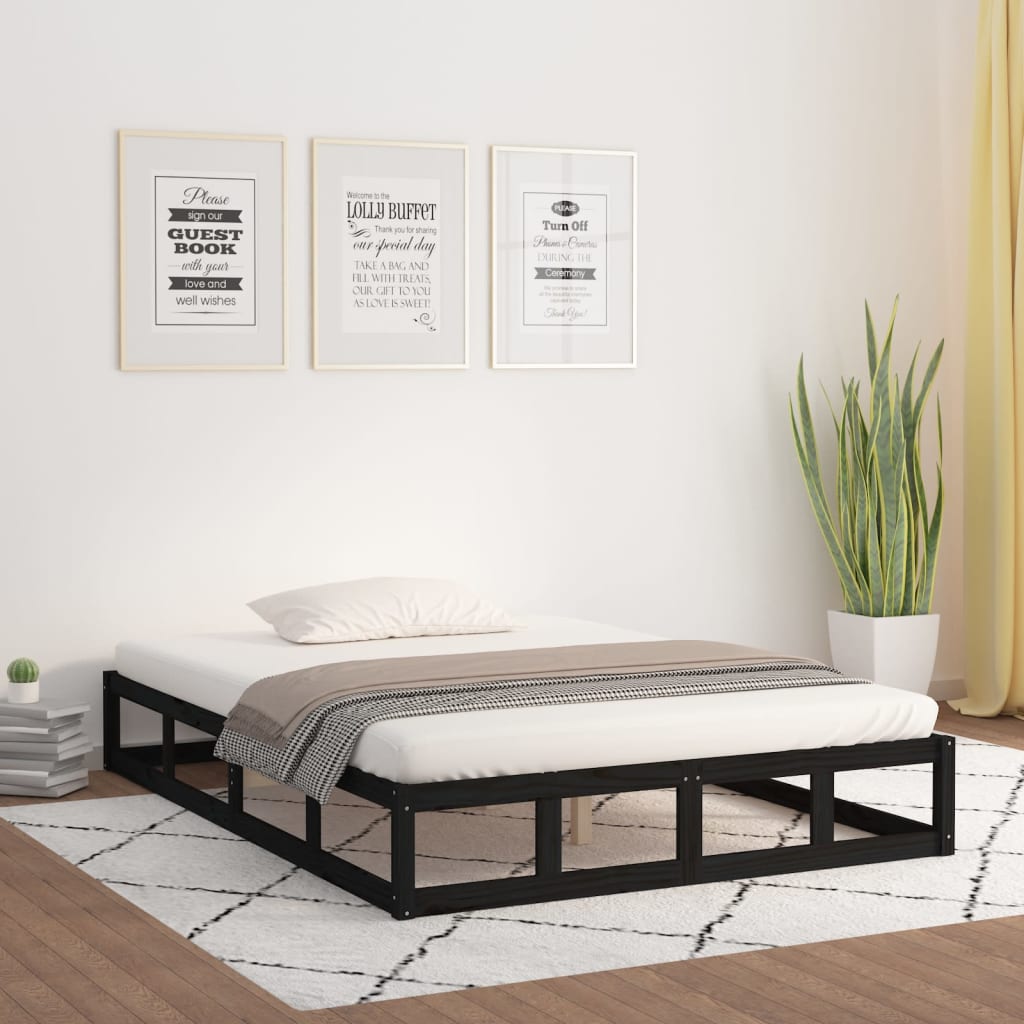 vidaXL Cadru de pat dublu, negru, 135x190 cm, lemn masiv vidaXL Cadru de pat dublu, negru, 135x190 cm, lemn masiv
