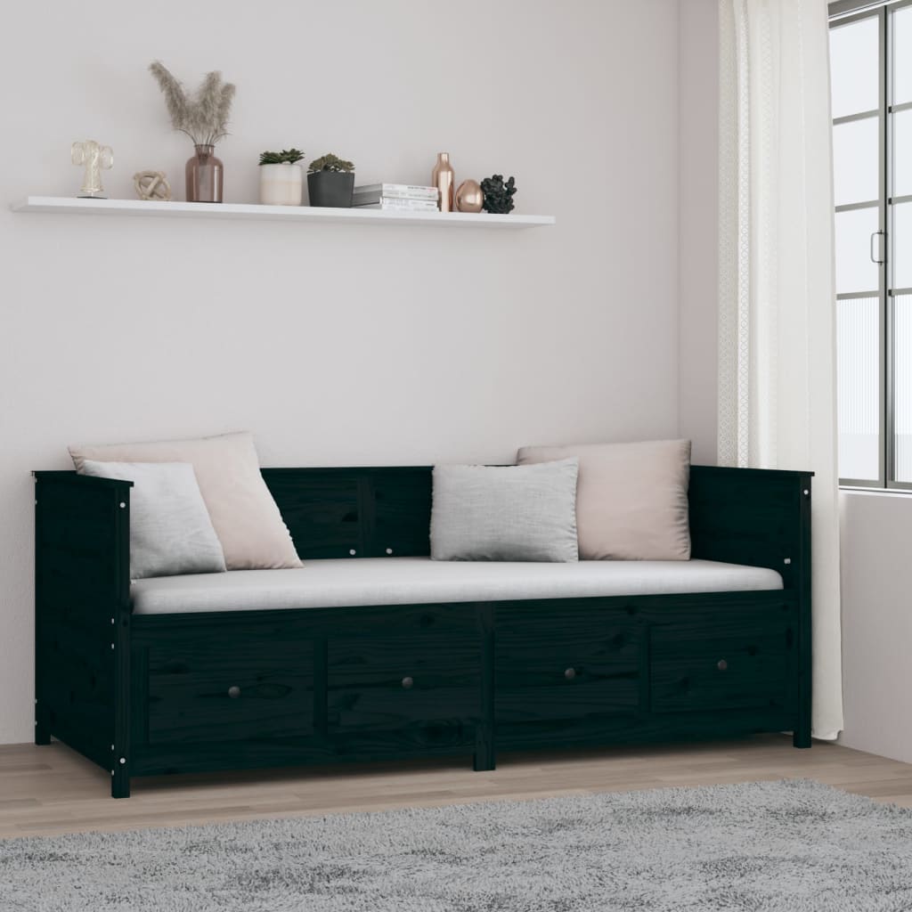 vidaXL Pat de zi, negru, 90x200 cm, lemn masiv de pin