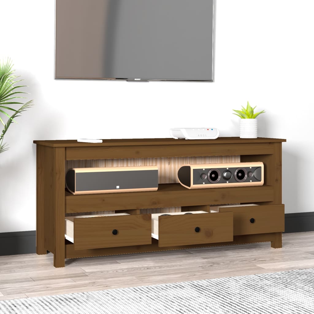 vidaXL Comodă TV, maro miere, 114x35x52 cm, lemn masiv de pin vidaXL Comodă TV, maro miere, 114x35x52 cm, lemn masiv de pin